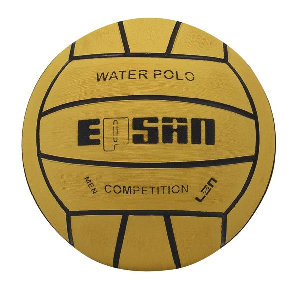 Gelber Wasserball mit schwarzer Schrift "Water Polo Men Competition LEN" und Markenlogo.
