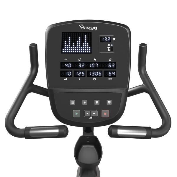 Display und Bedienelemente eines Vision Fitness Heimtrainers mit Herzfrequenz- und Trainingsdaten.