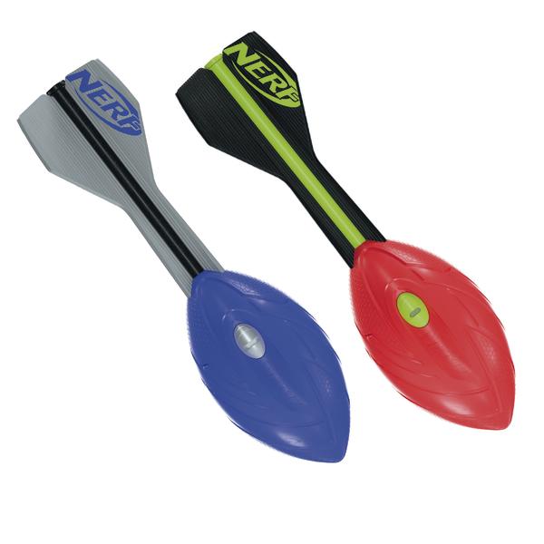 Zwei Nerf Wurfrakete in Blau und Rot mit schwarzem und grünem Schwanzflügel.