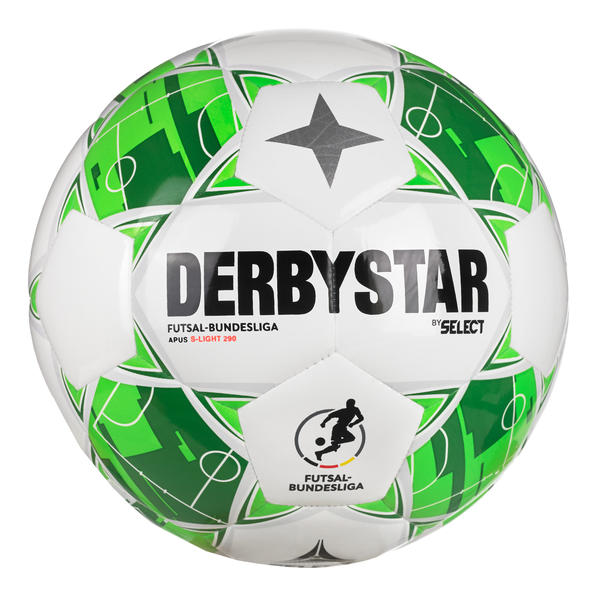 Weiß-grüner DERBYSTAR Futsal-Bundesliga Apus S-Light 290 Futsalball mit integriertem Spielfeld-Design, offiziellen Bundesliga-Logos und markantem DERBYSTAR-Schriftzug