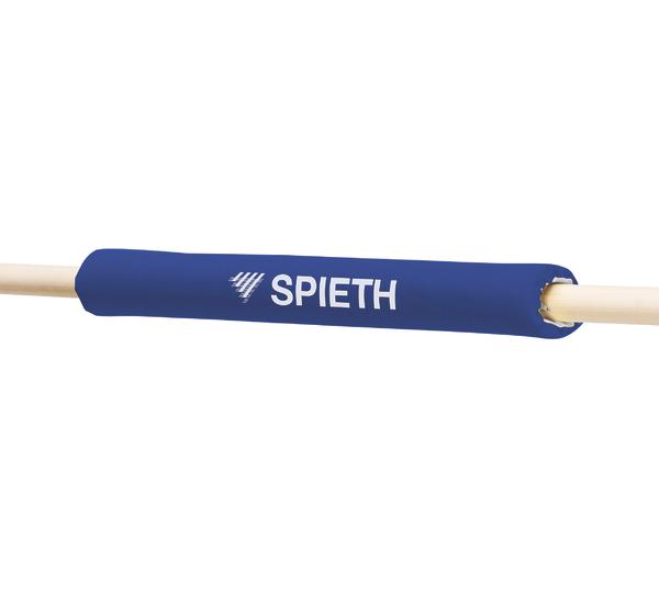Schutzpolster für Gymnastikstab mit blauem Bezug und weißem Spieth-Logo.