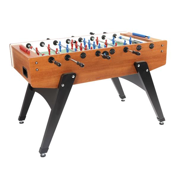 Tischkicker mit Holzoptik und schwarzen Beinen, rote und blaue Spielfiguren, weißes Spielfeld.