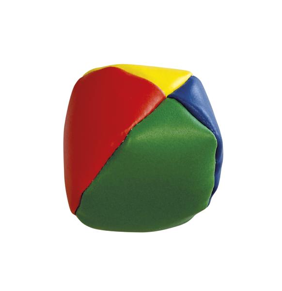 Mehrfarbiger Jonglierball in Rot, Gelb, Blau und Grün vor weißem Hintergrund.