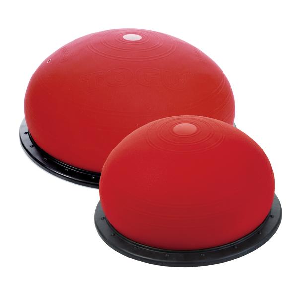 Zwei rote Balance-Trainingsbälle mit schwarzer Basis für Fitness und Stabilitätsübungen.