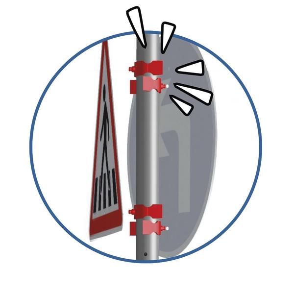 Detailgrafik einer Halterung mit roten Klemmen zur Befestigung eines Verkehrszeichens an einer Stange.