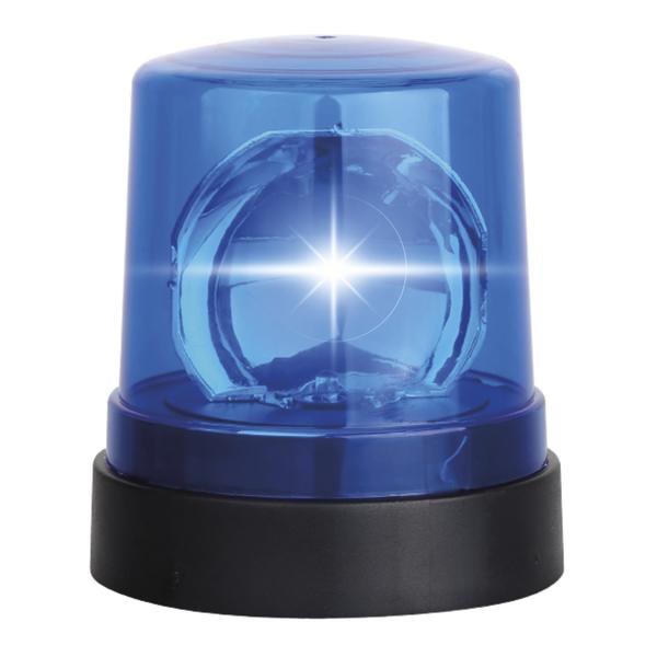 Blaue Rundumleuchte mit transparentem Gehäuse und schwarzem Sockel.