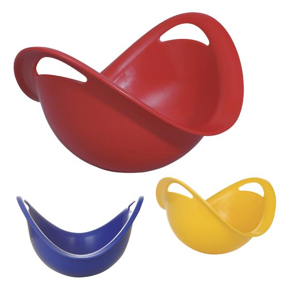 Balanciersitz aus Kunststoff mit Griffen für Kinder und Erwachsene in rot, blau und gelb.