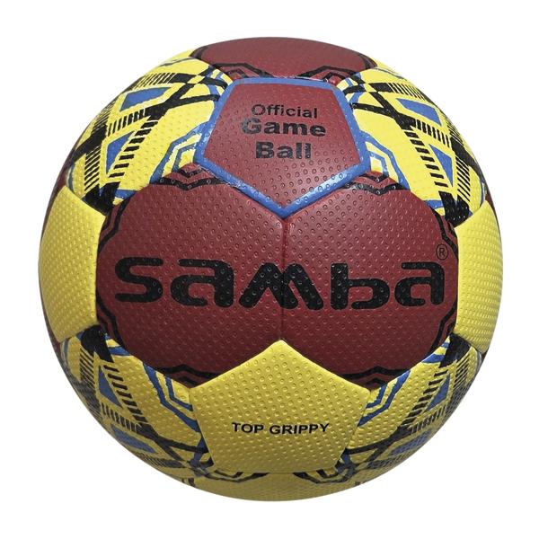 Gelb-roter SAMBA „Official Game Ball“ mit blau-schwarzem Grafikdesign und strukturierter „Top Grippy“ Oberfläche.