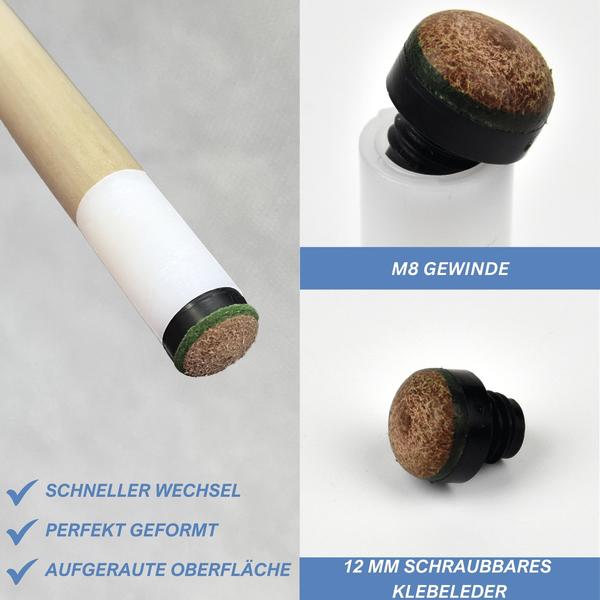 Billard Queue mit M8 Gewinde und 12 mm aufschraubbarem Klebeleder im Detail.