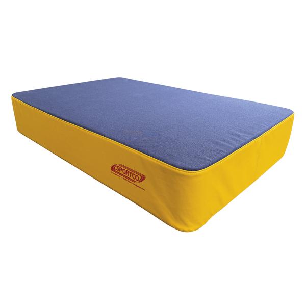 Weiche Turn- oder Fallschutzmatte mit blauer Liegefläche und gelbem Rand, geeignet für Sport und Bewegungsübungen.
