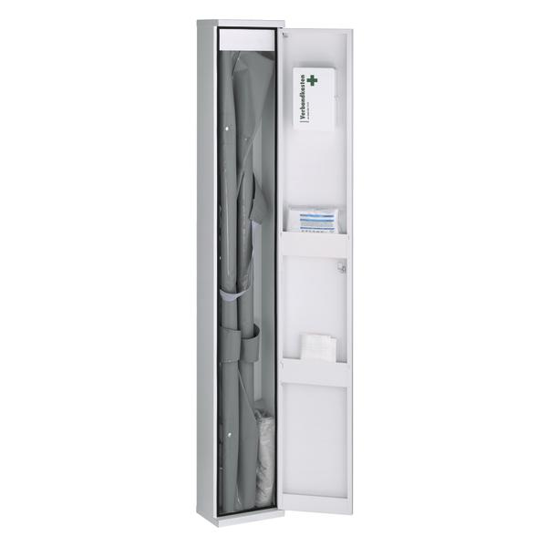 Metall-Verbandschrank mit Erste-Hilfe-Material und Verbandstasche, weiß, offen.