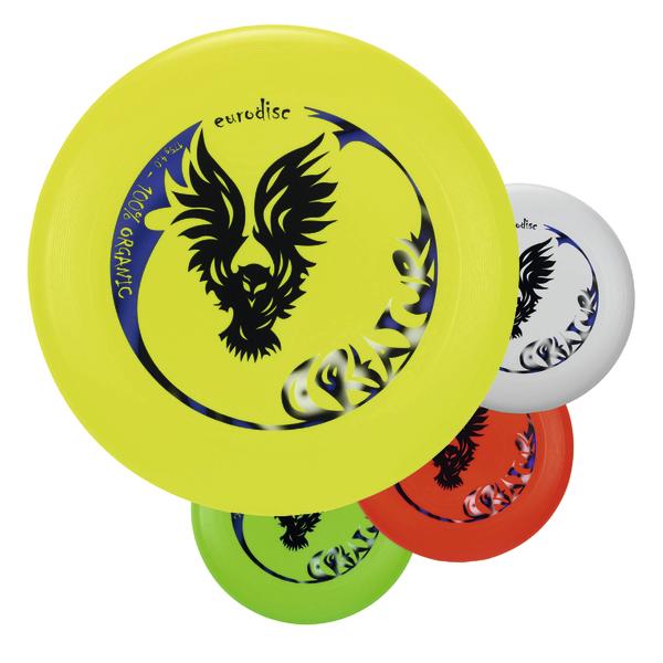 Bunte Eurodisc Frisbees mit schwarzem Adler-Logo in Gelb, Weiß, Rot und Grün.