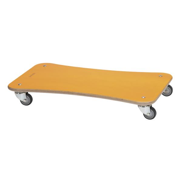 Gelbes Rollbrett aus Holz mit vier Lenkrollen für Werkstatt und Transport.