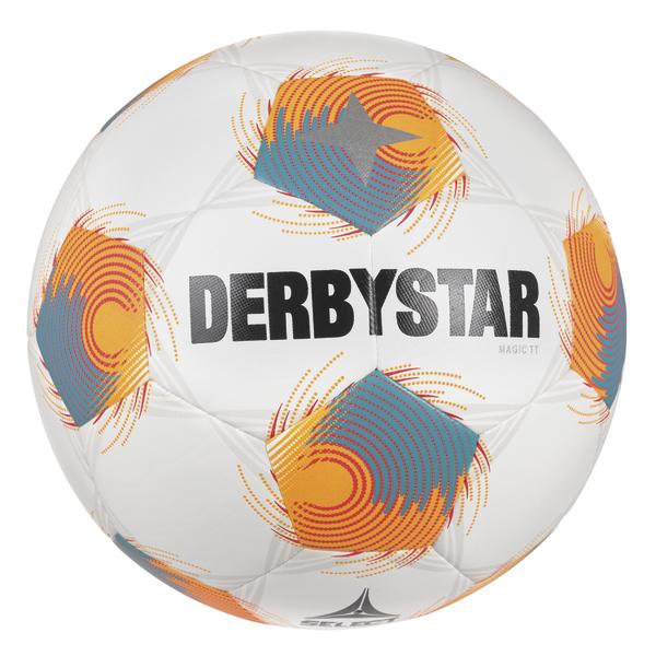 Weißer DERBYSTAR Magic TT Fußball mit orange-türkisem Spiraldesign, strukturierter Oberfläche und modernem Paneldesign