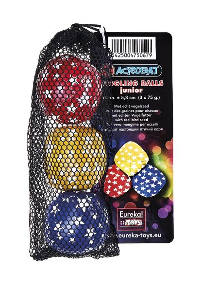 Netz mit drei bunten Jonglierbällen (rot, gelb, blau) mit Sternmuster und Verpackung.