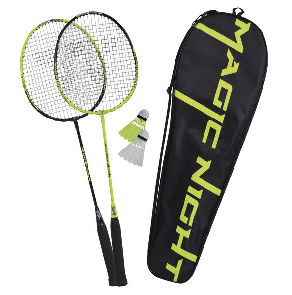 Badminton-Set mit zwei Schlägern, zwei Federbällen und schwarzer Tragetasche "Mage Night".