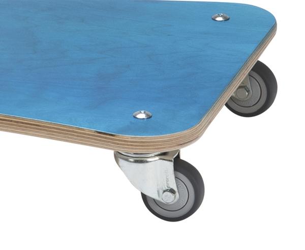 Blauer Roller aus Holz mit vier drehbaren Gummirollen für einfachen Transport.