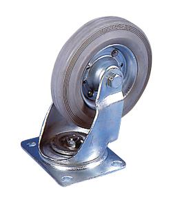 Schwerlast-Schwenkrolle mit Gummibereifung und Metallhalterung.