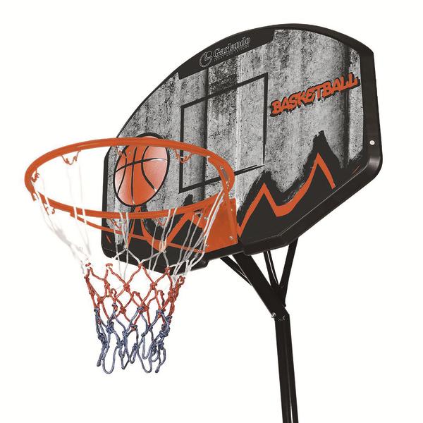 Basketballkorb mit orangefarbenem Ring und Netz vor grauem Hintergrund mit Basketball-Text.