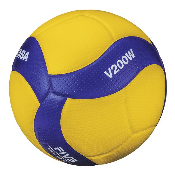 Gelb-blauer Mikasa V200W Volleyball mit FIVB-Logo, offizieller Wettkampfball.