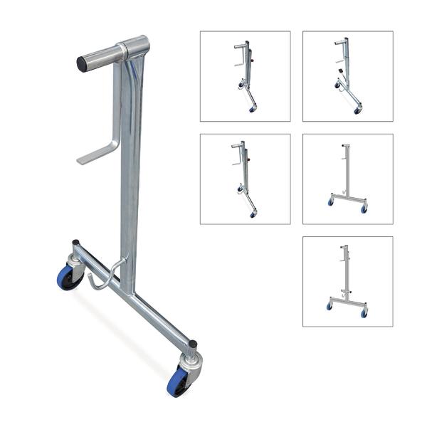 Robuster Metallständer mit zwei blauen Rollen und Hebelgriff.