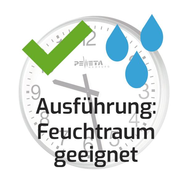 Wanduhr mit grünem Häckhen und blaue Wassertropfen, Schrift mit "Ausführung Feuchtraum geeignet"
