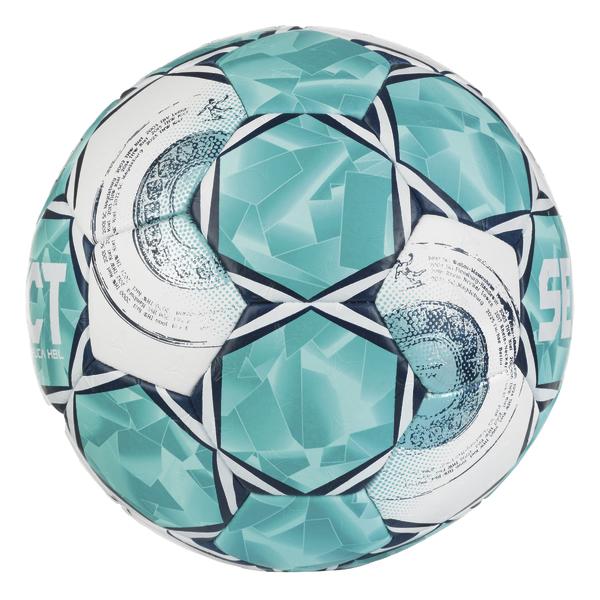 Seitliche Ansicht des Handballs mit türkis-weißem Design und grafischem Muster. Seitlich sind Teile der Aufschrift „SELECT REPLICA HBL“ sichtbar.
