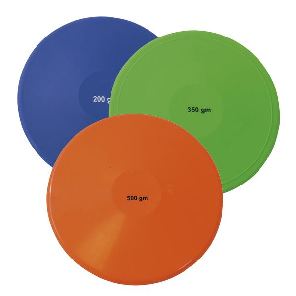 Bunte Wurfscheiben in Blau, Grün und Orange mit Gewichtsangaben 200g, 350g, 500g.
