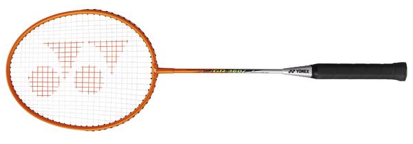 Orangefarbener Yonex Badmintonschläger mit schwarzem Griff und weißem Rahmen.