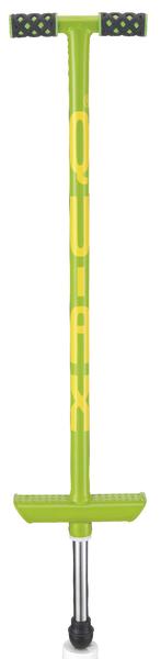Grüner Pogo-Stick mit schwarzen Griffen und gelber Aufschrift, isoliert auf weißem Hintergrund.