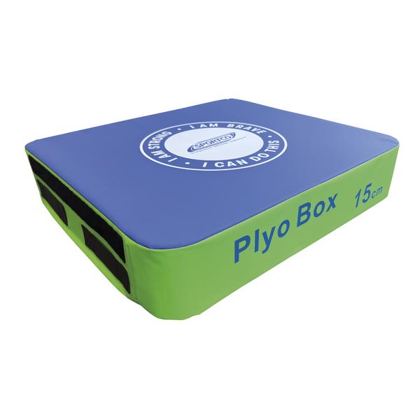 Weiche Plyo-Box mit blauer Oberseite und grünem Korpus, 15 cm hoch, mit seitlichen Grifföffnungen für einfaches Tragen.