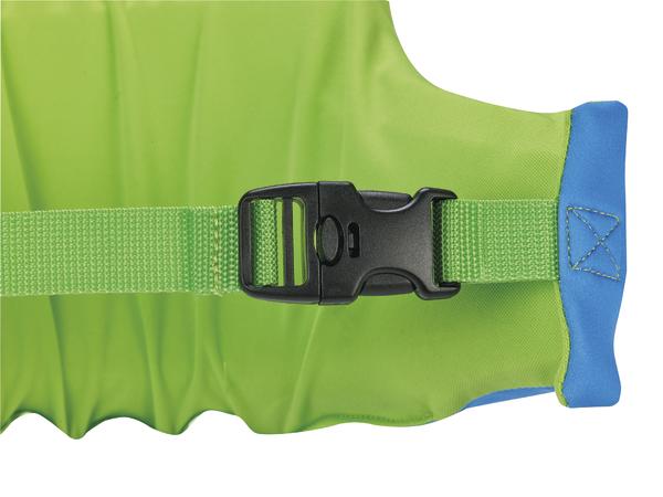 Grüner Schwimmgürtel mit schwarzem Klickverschluss und blauem Rand für Wassersicherheit.