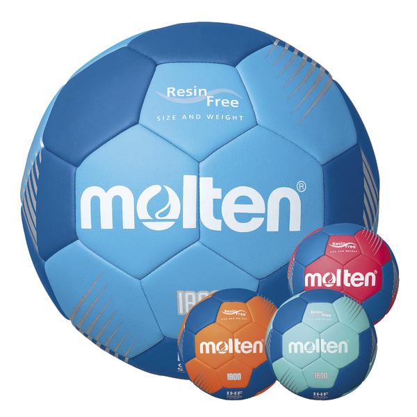 Verschiedene bunte Molten Handbälle in Blau, Orange und Rot, Resin Free, IHF-zertifiziert.