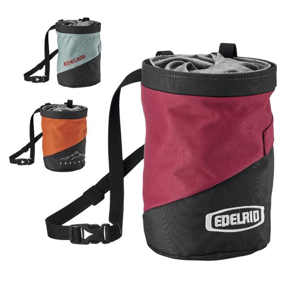 Kletterchalkbag mit verstellbarem Gurt und Edelrid-Logo in verschiedenen Farben.