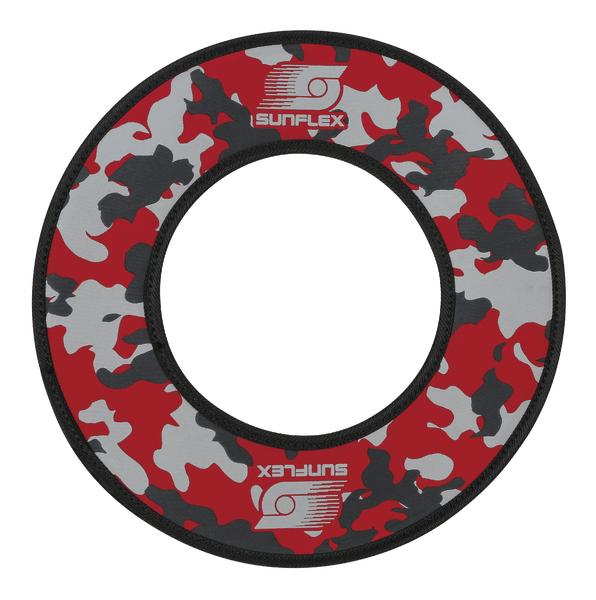 Rotes und graues Camouflage-Frisbee mit Sunflex-Logo, rundes Wurfspielzeug.