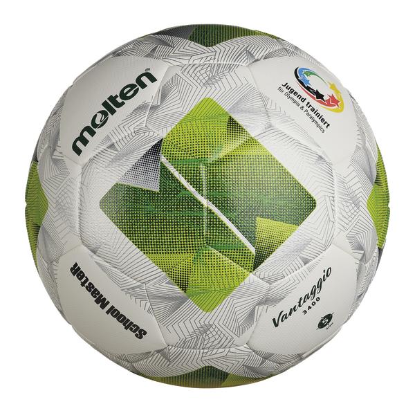 Weißer Molten School Master Fußball mit grün-gelbem Muster und Jugend trainiert Logo.