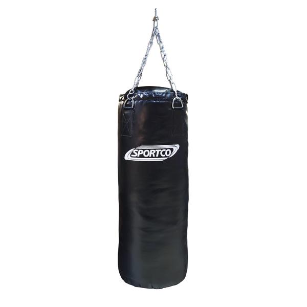 Schwarzer Sportco Boxsack mit weißem Sportco Logo und stabiler Kettenaufhängung aus Metall für Box- und Kampfsporttraining.