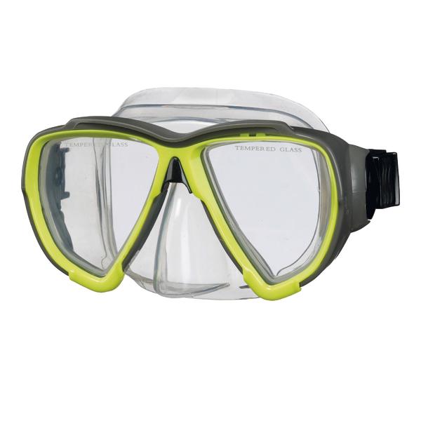 Taucherbrille mit klarem Glas und gelb-schwarzem Rahmen für Unterwasseraktivitäten.