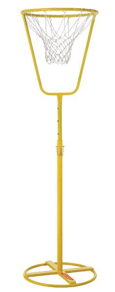 Gelber Korb mit Netz auf höhenverstellbarer Stange und rundem Standfuß vor weißem Hintergrund.