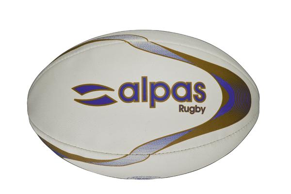 Weißer Alpas Rugbyball mit blau-goldenem Design auf weißem Hintergrund
