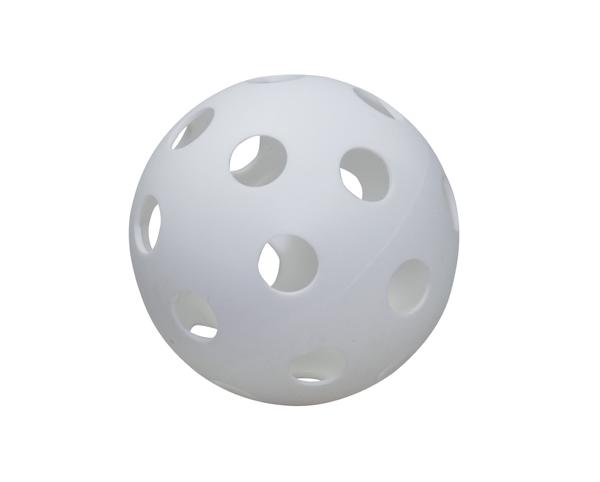 Weißer Kunststoffball mit runden Löchern, typischer Floorball- oder Unihockeyball.