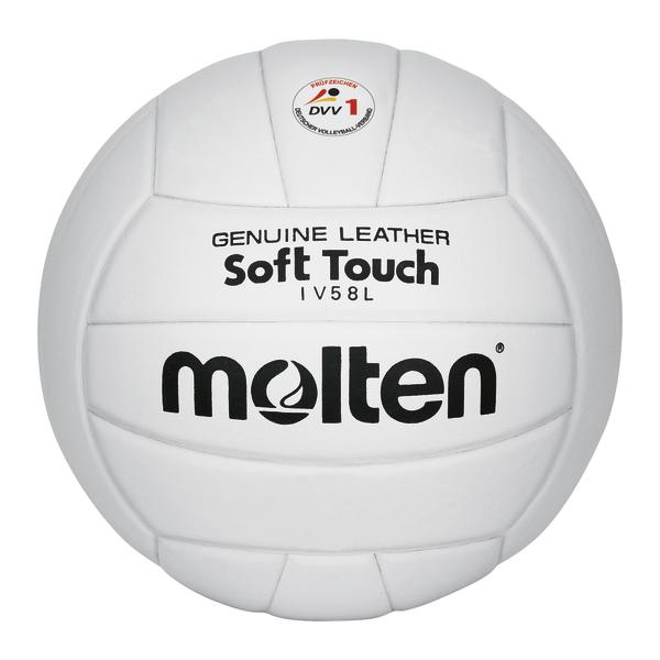 Weißer Molten Volleyball aus echtem Leder mit Soft Touch Oberfläche und DVV Prüfzeichen.