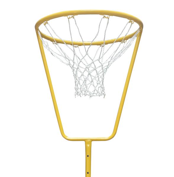 Detailansicht eines gelben Korbballständers aus Metall mit Ring und einhängbarem Netz, höhenverstellbar, für Schulsport und Training