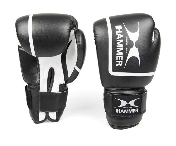 Schwarze Hammer Boxhandschuhe aus Leder mit weißem Logo und Klettverschluss, Paaransicht.
