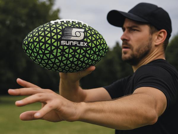 Mann wirft einen American-Football in leuchtendem Grün mit schwarzem Muster und Sunflex-Logo.