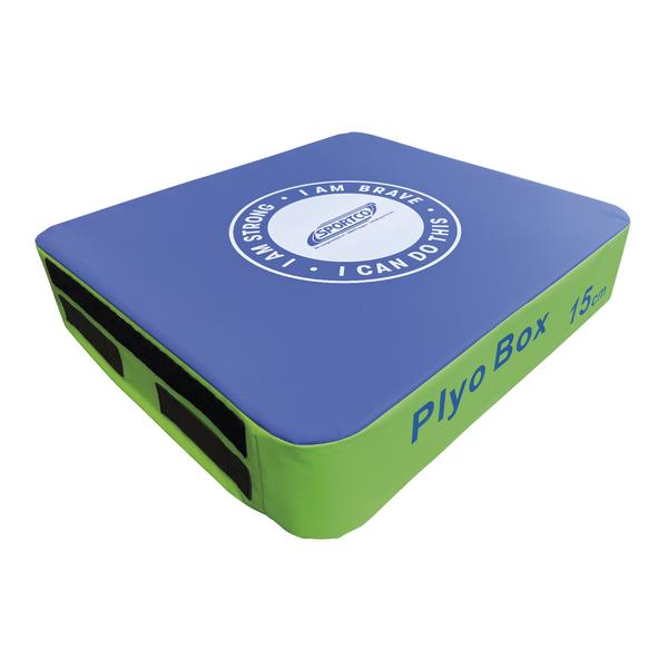 Weiche Plyo-Box mit blauer Oberseite und grünem Korpus, 15 cm hoch, mit seitlichen Grifföffnungen für einfaches Tragen.