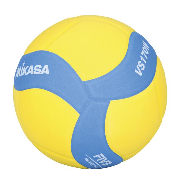 Gelb-blauer Mikasa Volleyball Modell VS770W, offizieller FIVB Spielball, Nahaufnahme.