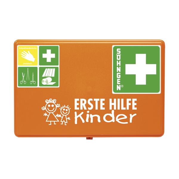 Erste-Hilfe-Kasten für Kinder mit Symbolen und kindgerechtem Design in Orange.