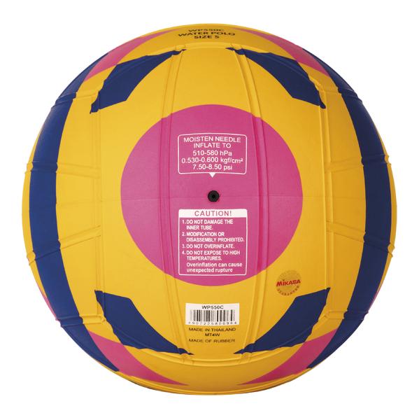 Bunter Volleyball mit gelb, pink und blau, inklusive Aufdrucken und Warnhinweisen.