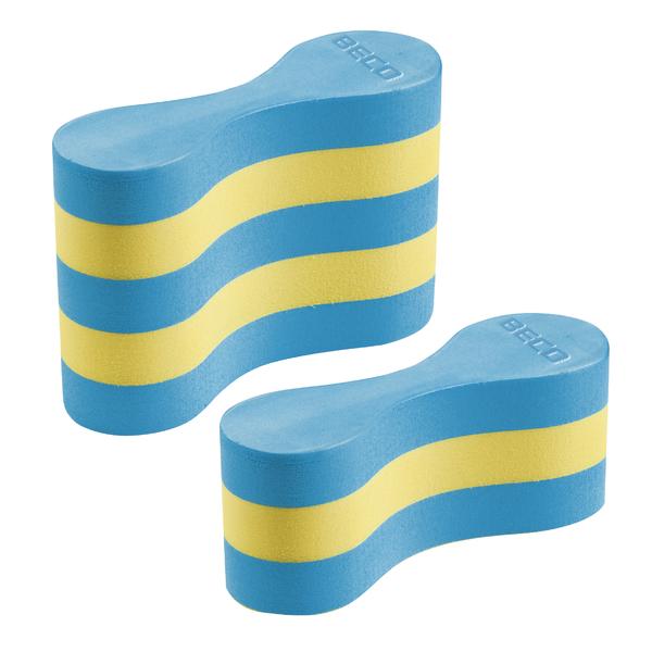 Zwei blaue und gelbe Schwimmbretter aus Schaumstoff für Schwimmtraining.